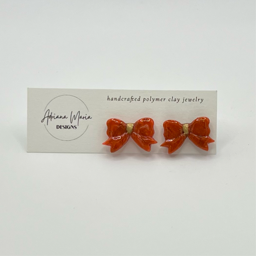 Red Marbled Mini Bow Polymer Clay Stud Earrings
