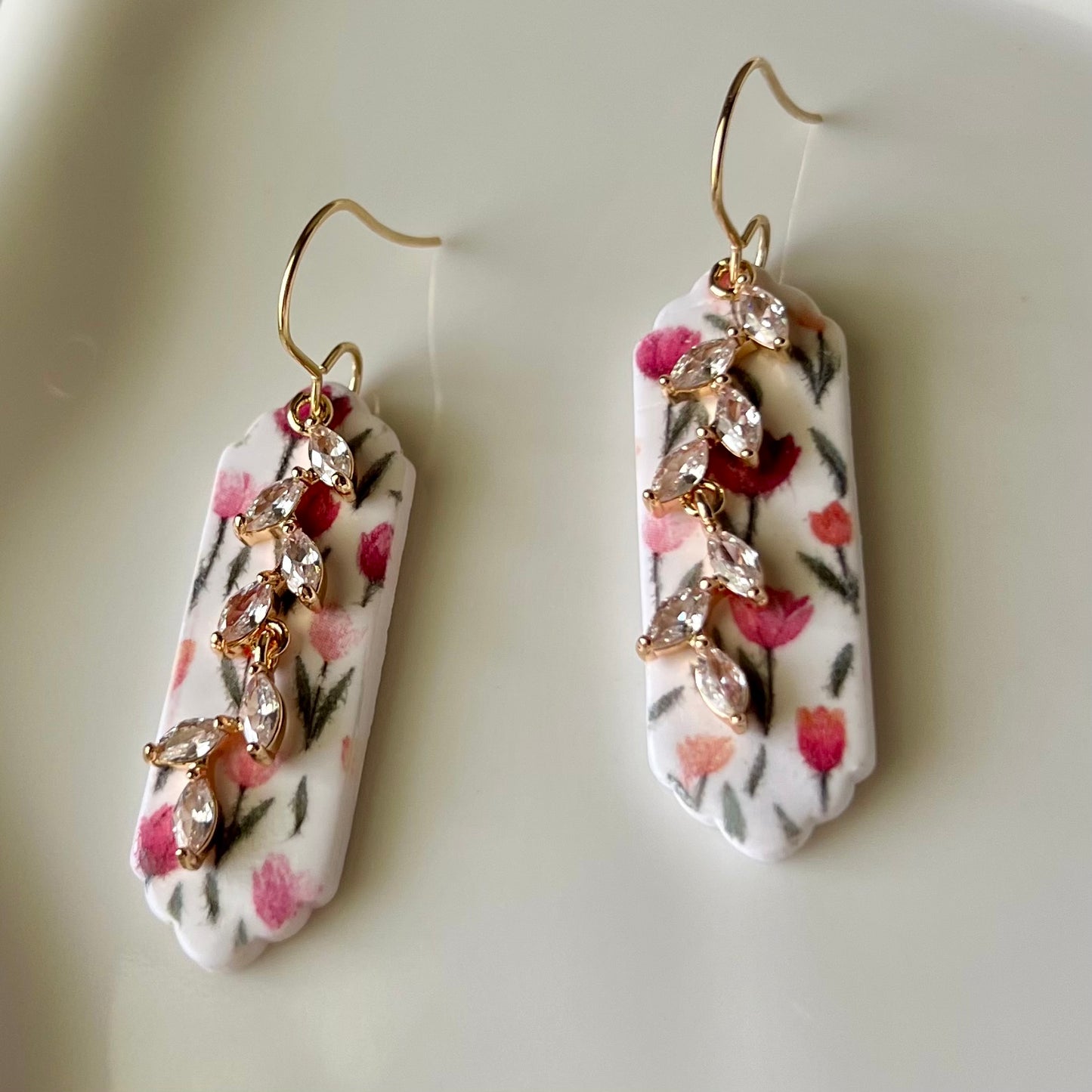 Tulip Floral Print & CZ Vine Pendant Polymer Clay Dangle Earrings