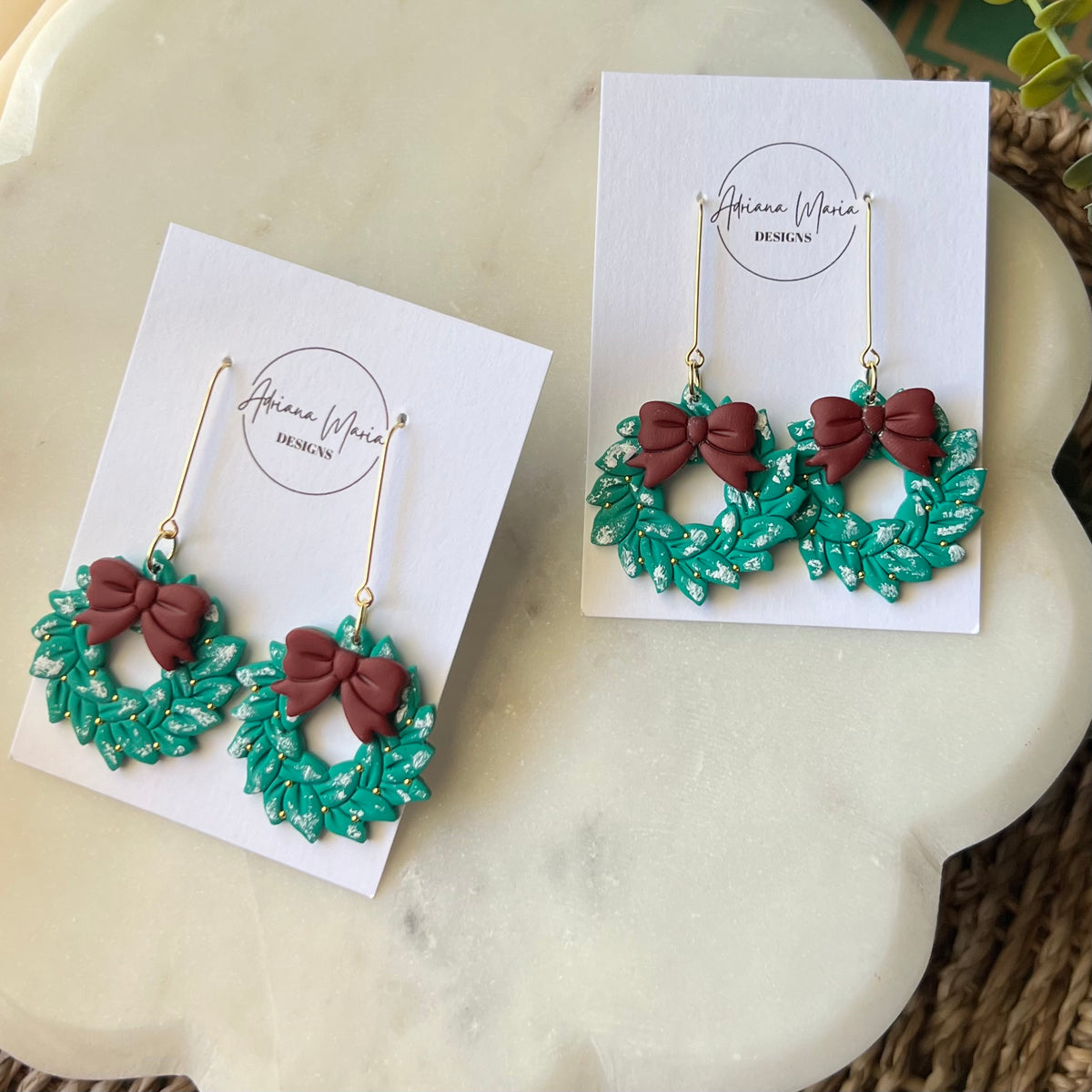 Snowy Green Christmas Wreath & Red Bow Clay Earrings