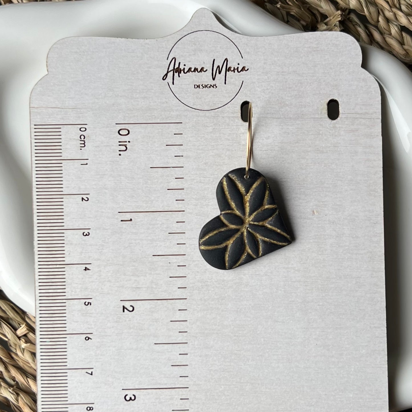 Black & Gold Heart Clay Hoop Earrings