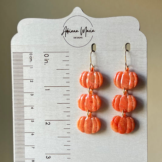 Polymer Clay Earrings - Orange Marbled Agate-inspired Autumn Triple Pumpkin Dangles