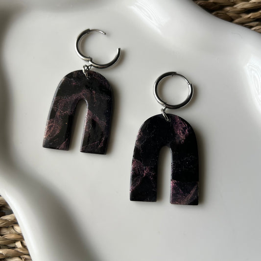 Polymer Clay Earrings - Midnight Magic: Black & Purple Arches with Huggie Hoops
