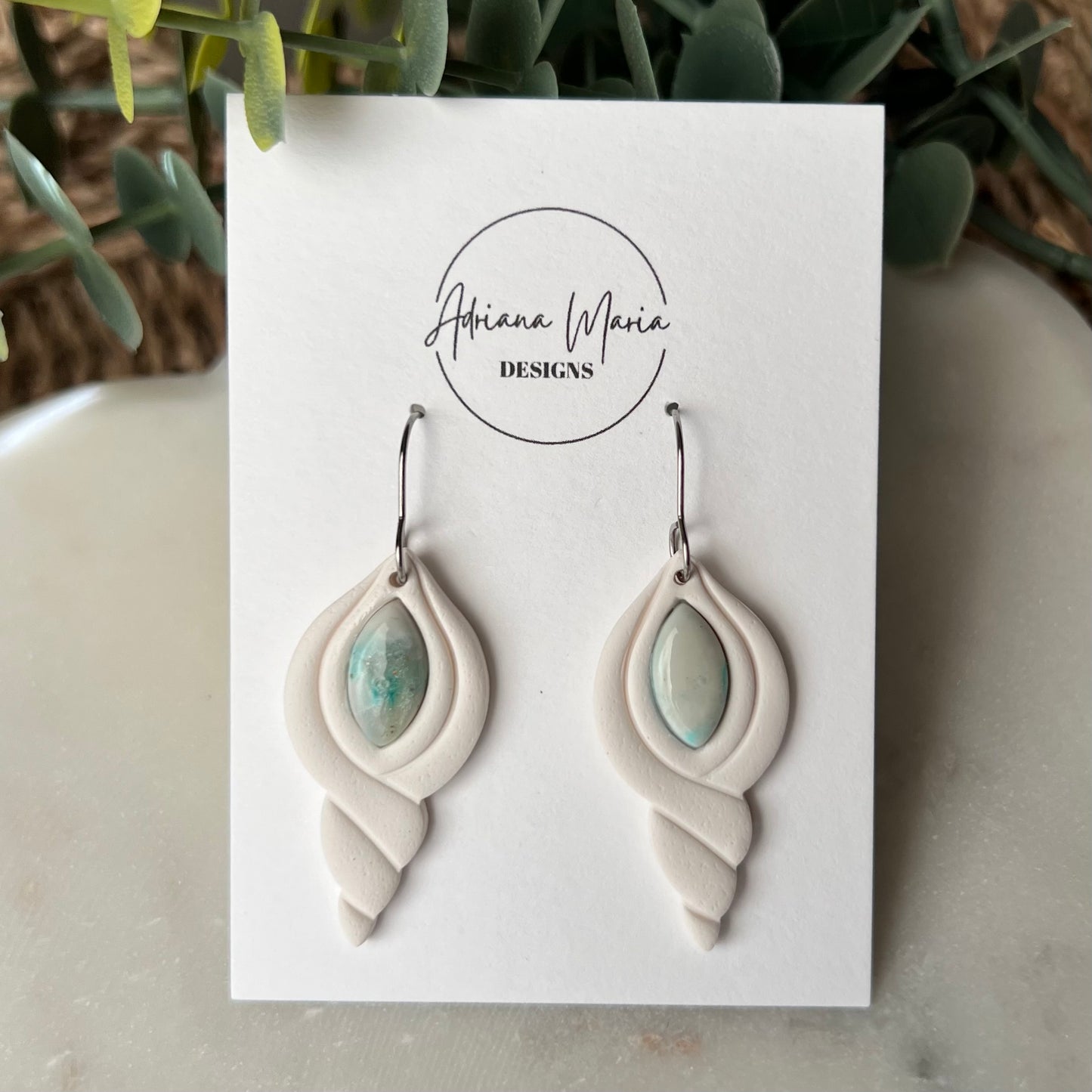 White Seashell and Soft Seafoam Bezel Polymer Clay Earrings, Lightweight Dangles, Coastal