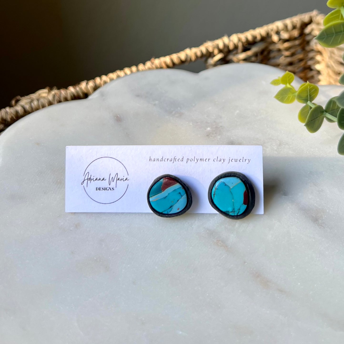 Turquoise Stone inspired Polymer Clay Bezel Stud Earrings, lightweight, western style