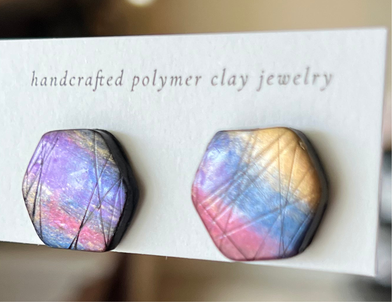 Labradite inspired Polymer Clay Stud Earrings - Hexagon