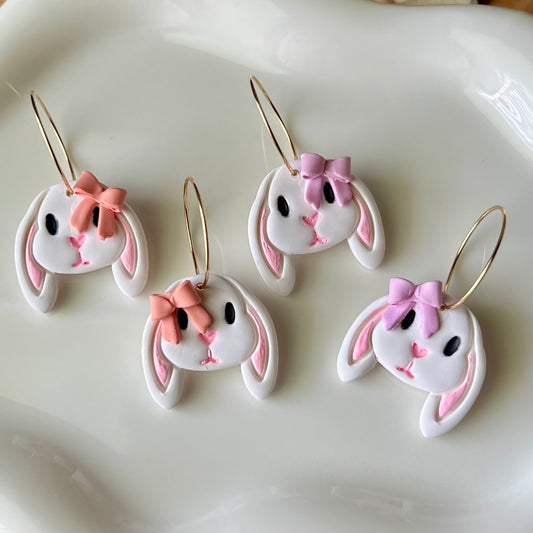 Sweet Bunny Rabbit with Bow Polymer Clay Hoop Earrings