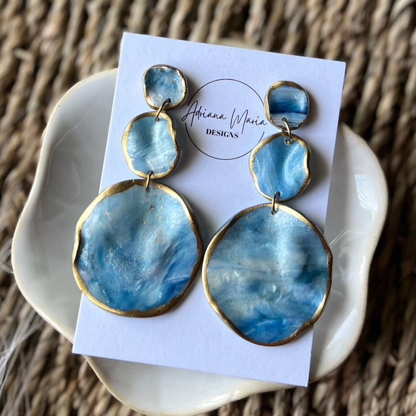 The Catalina – Ocean Blue Marbled Polymer Clay Earrings | Gold Edge Statement Dangles