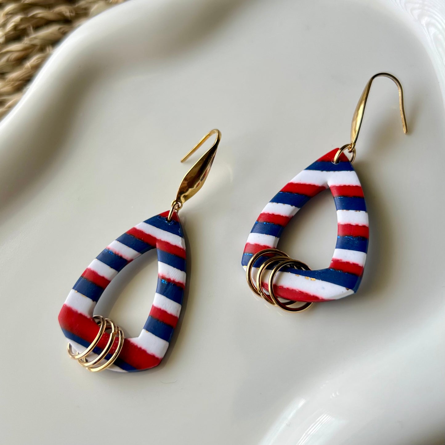Red, Blue, and White Striped Polymer Clay Dangle Earrings