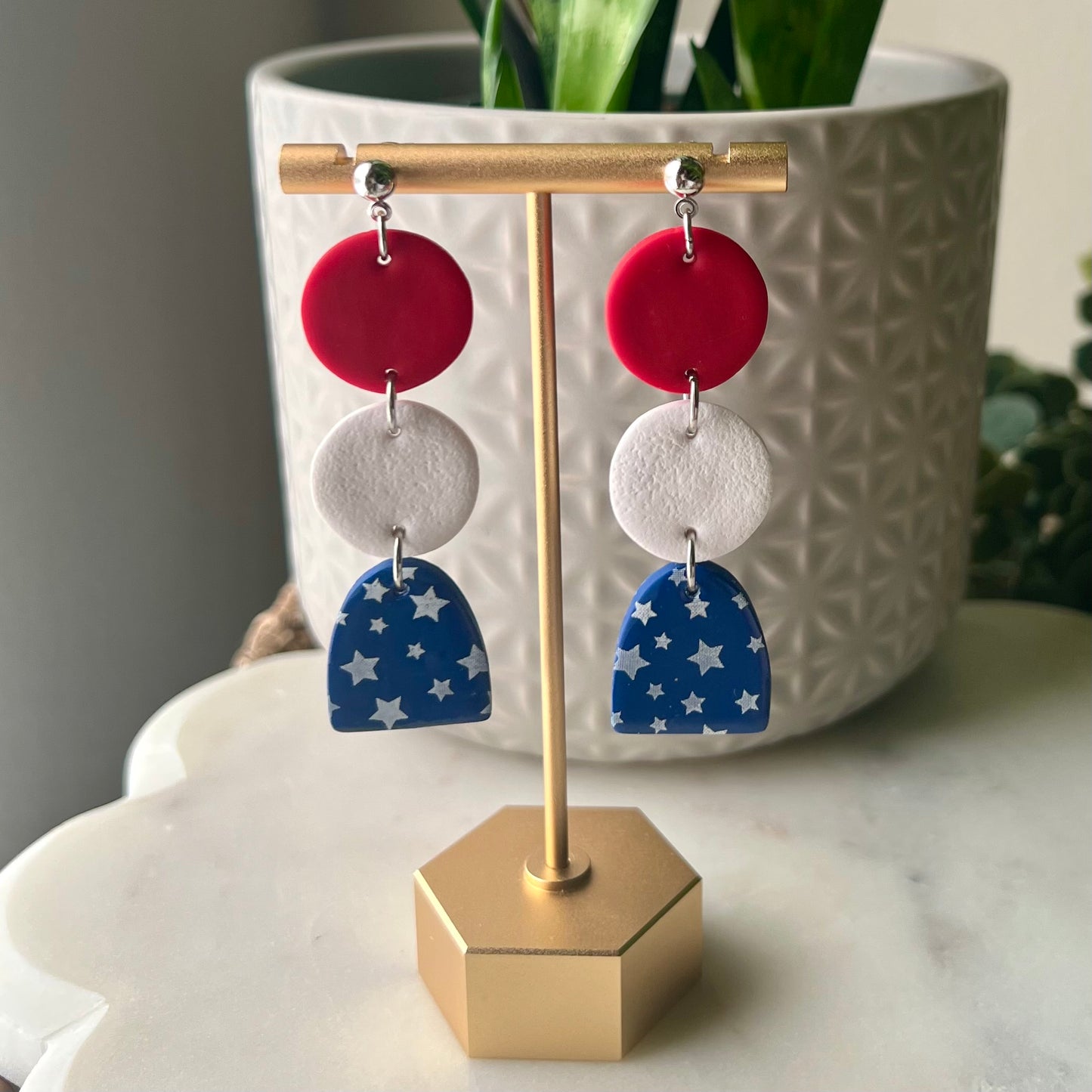 American Red, White, Blue & White Star Polymer Clay Dangle Earrings, Patriotic Jewelry