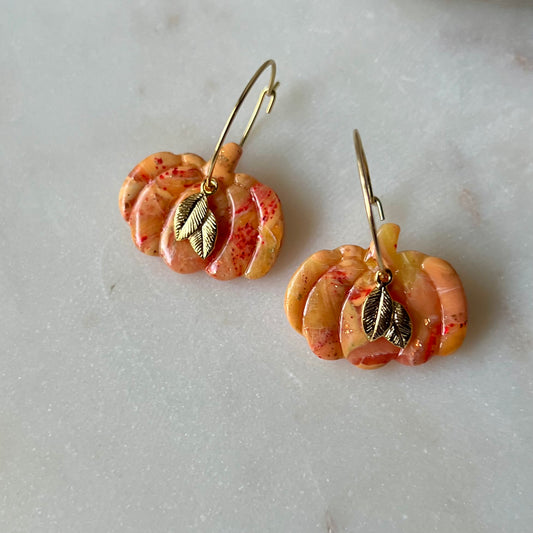 Golden Ember Pumpkin Polymer Clay Dangle Earrings with gold leaf