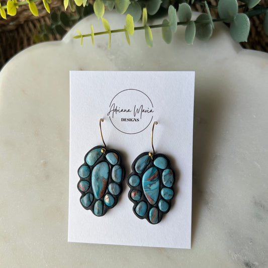 Turquoise Stone inspired Polymer Clay Bezel Statement Earrings, lightweight dangles, western style