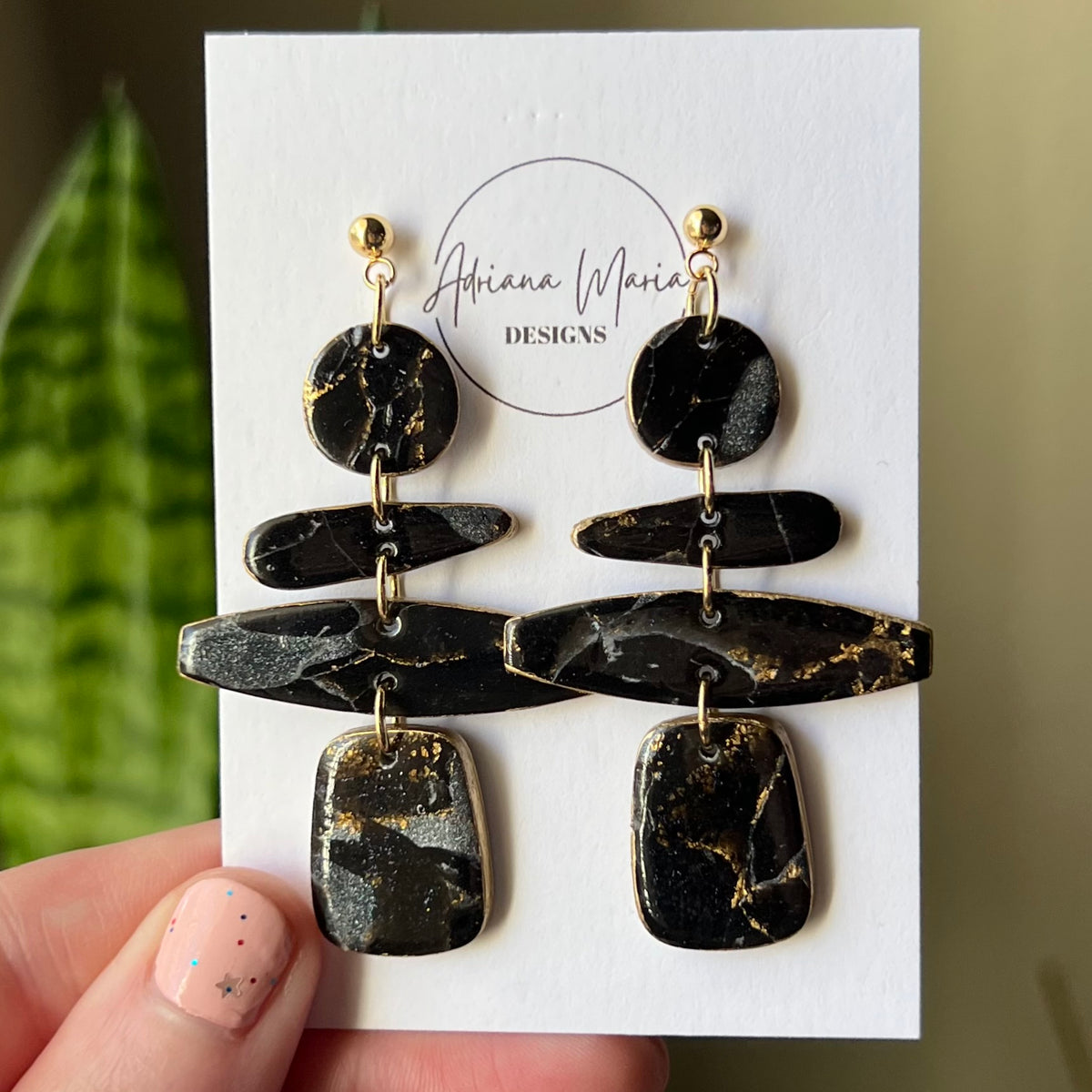 Black Marbled Polymer Clay Dangle Earrings