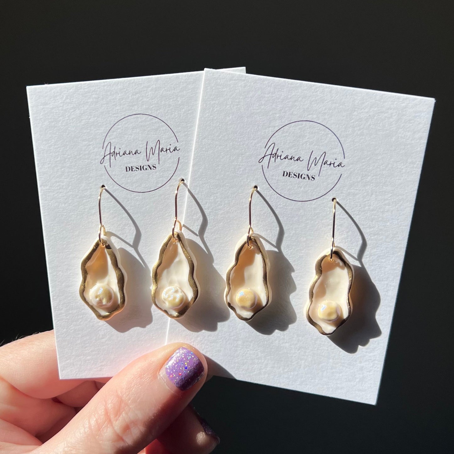 Dainty Oyster Shell and Pearl Polymer Clay Dangle Earrings, Coastal Jewelry