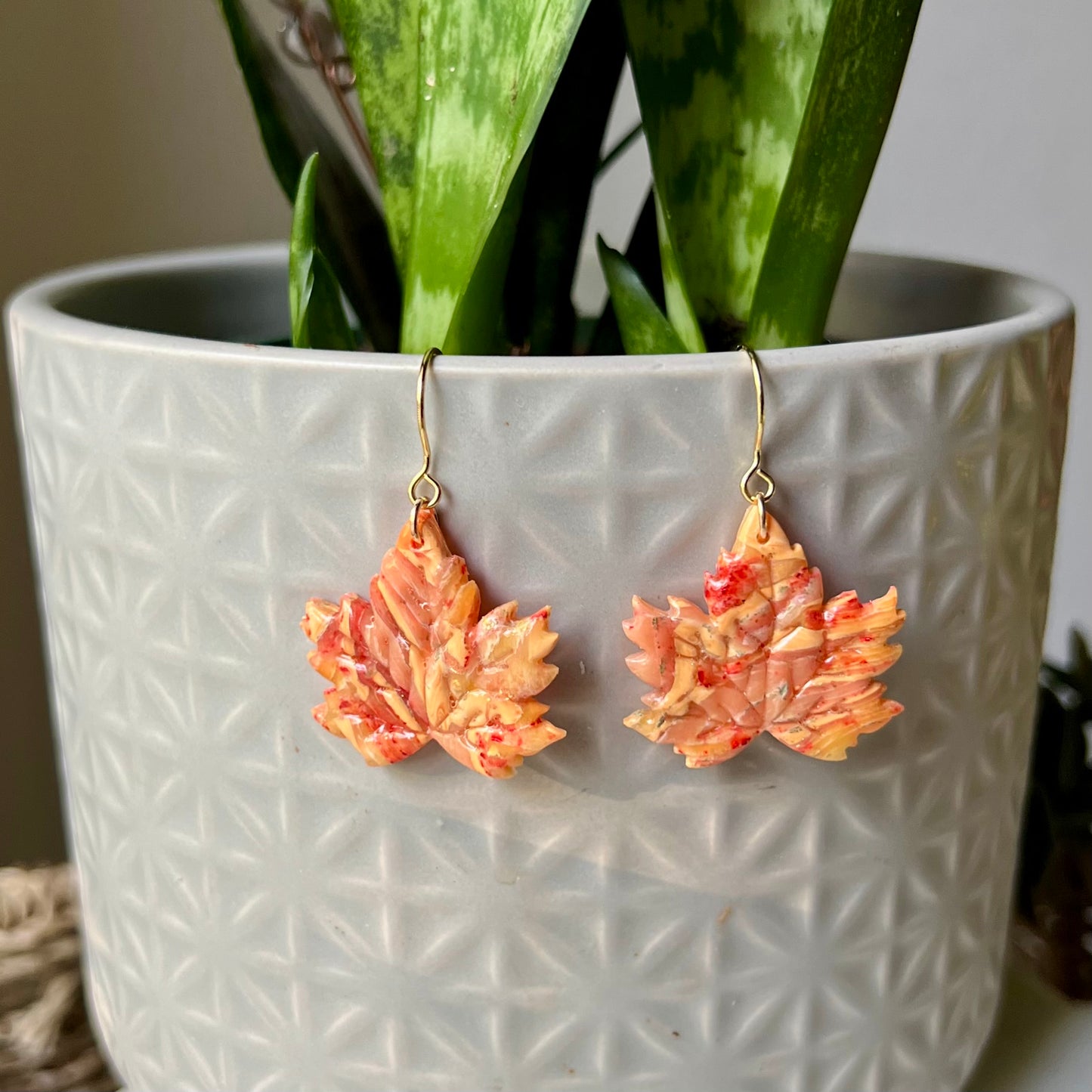 Golden Ember Maple Leaf Polymer Clay Dangle Earrings