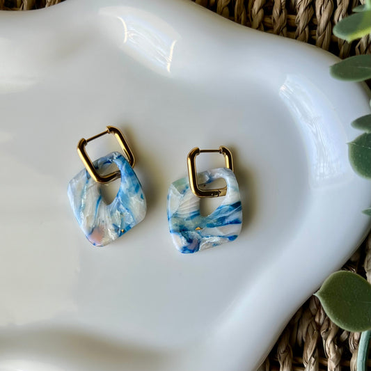 Coastal Blue Marbled Polymer Clay Huggie Hoop Earrings