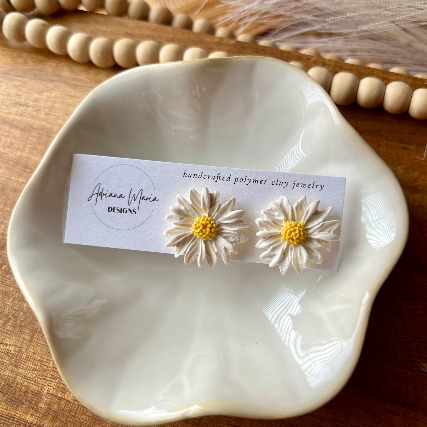 Spring White Daisy Polymer Clay Stud Earrings