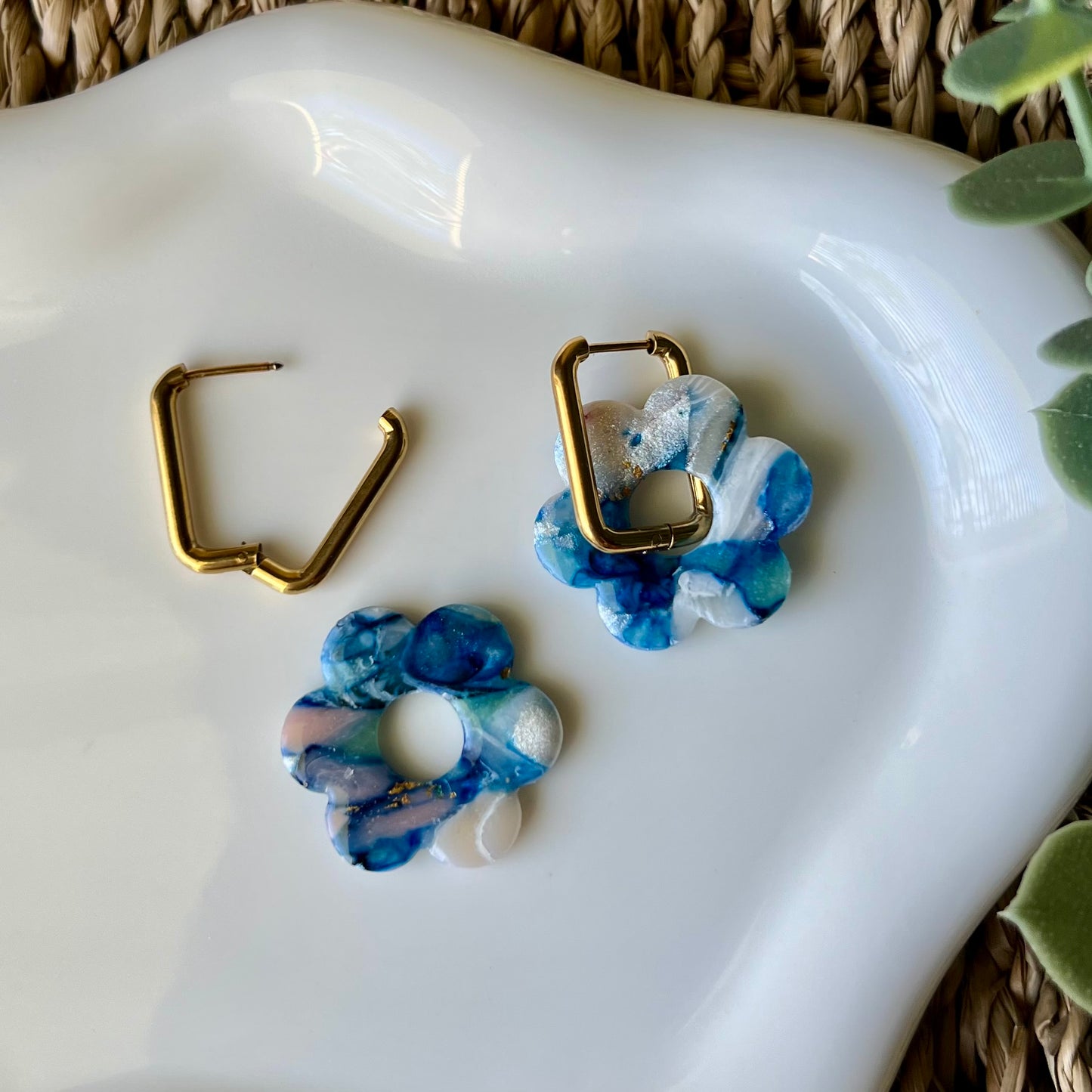 Coastal Blue Marbled Polymer Clay Huggie Hoop Earrings