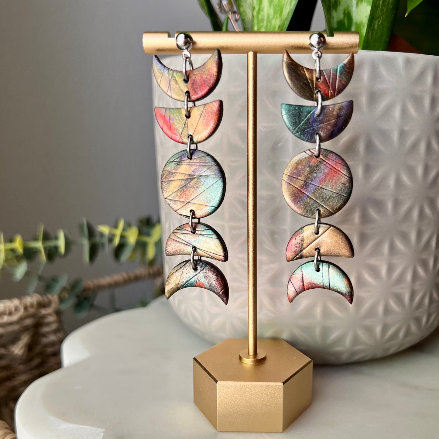 Labradorite Eclipse Statement Earrings, Moon Phase Polymer Clay Dangles, Lightweight