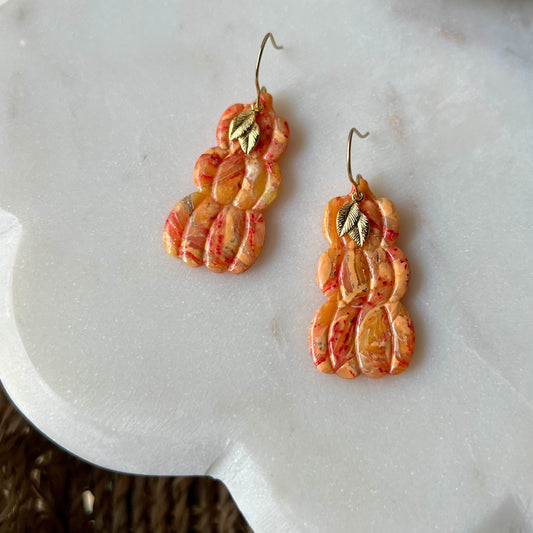 Golden Ember Stacked Pumpkin Polymer Clay Dangle Earrings with gold leaf