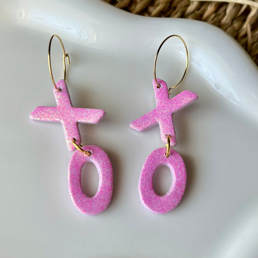 XOXO Pink Holographic Glitter Polymer Clay Hoop Earrings