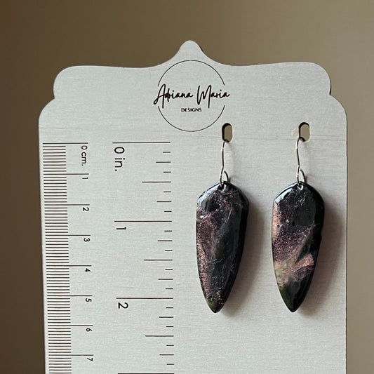 Polymer Clay Earrings - Midnight Magic: Black & Purple Marbled Dagger Statement Dangles