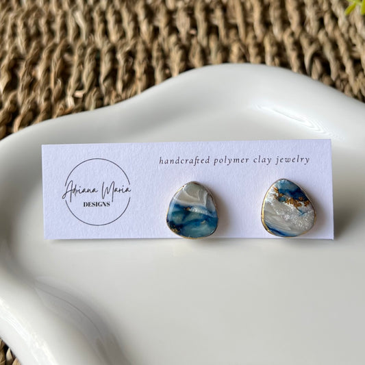 Ocean Blue Marbled Polymer Clay Stud Earrings