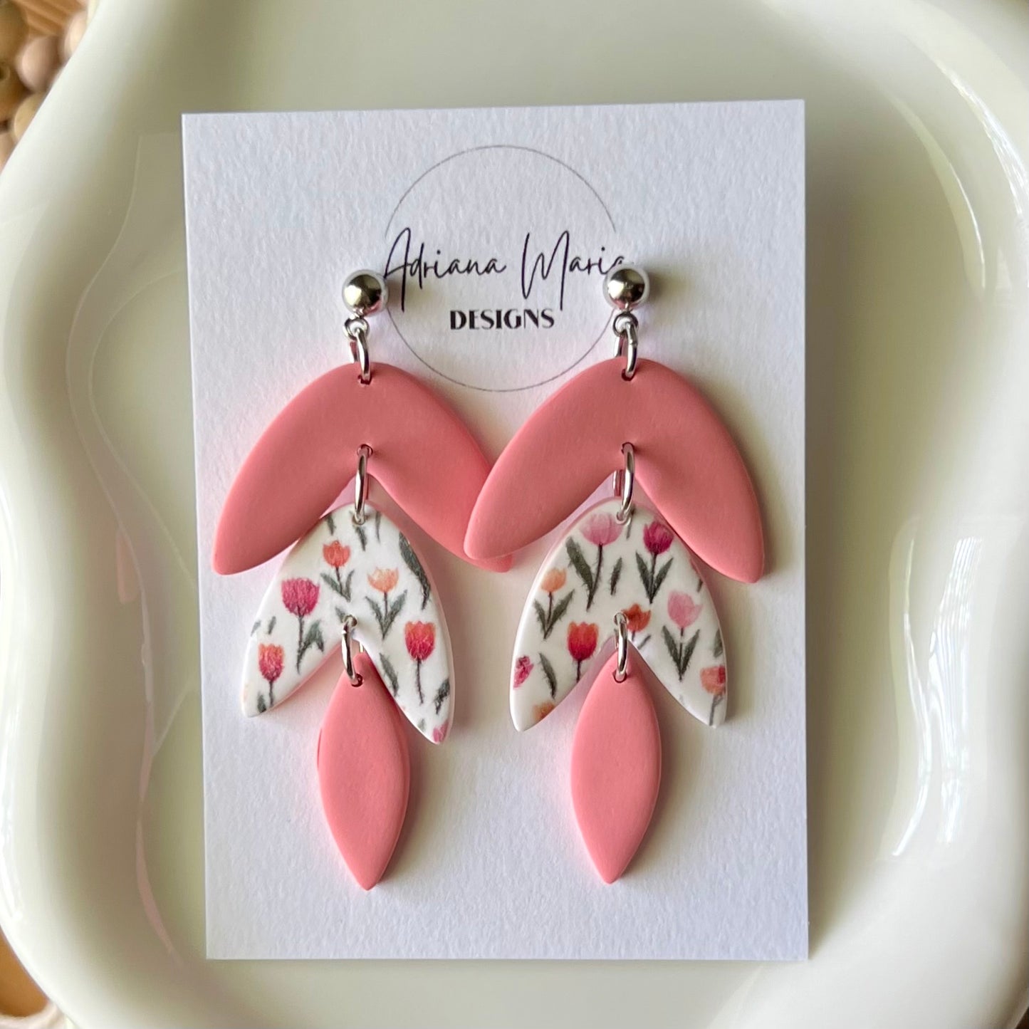 Tulip Print Polymer Clay Dangle Earrings