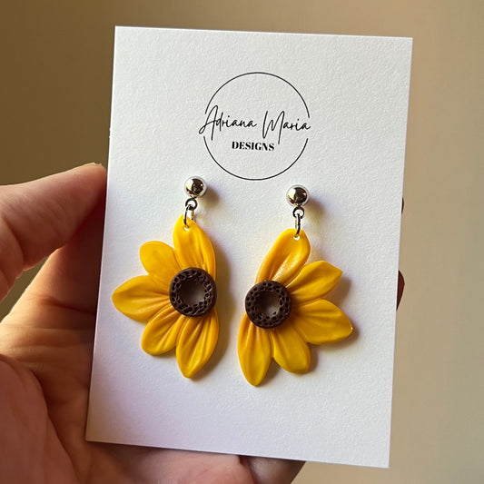 Polymer Clay Earrings – Yellow Half Sunflower Dangle, Lightweight Handmade Jewelry