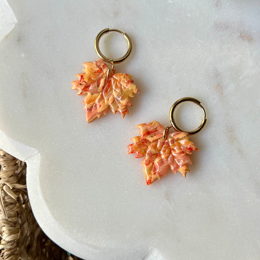 Golden Ember Maple Leaf Polymer Clay Dangle Earrings, Huggie Hoops