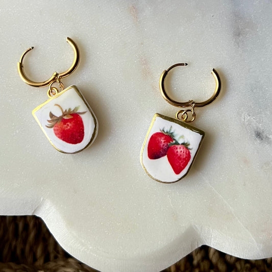 Strawberry Print Charm Polymer Clay Earrings, Huggie Hoops
