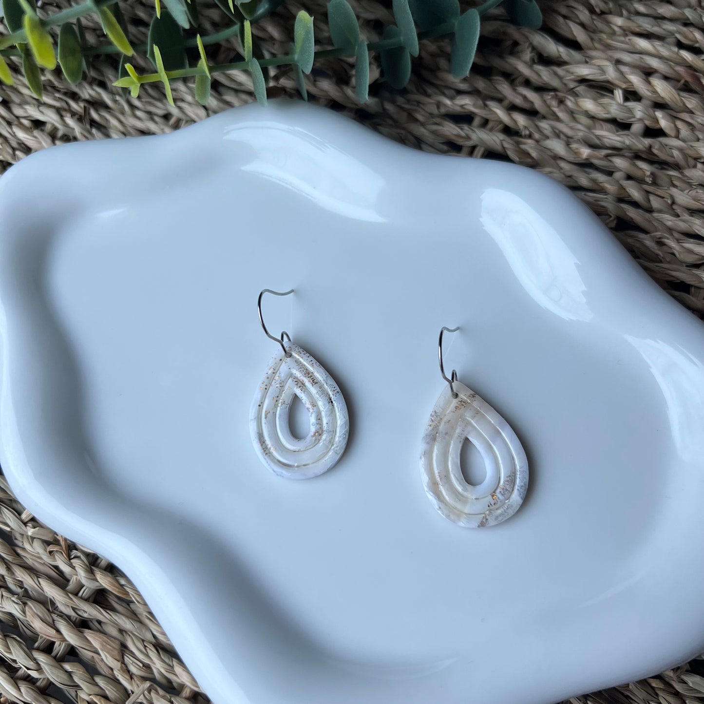 Neutral Ivory Open Teardrop Polymer Clay Dangle Earrings
