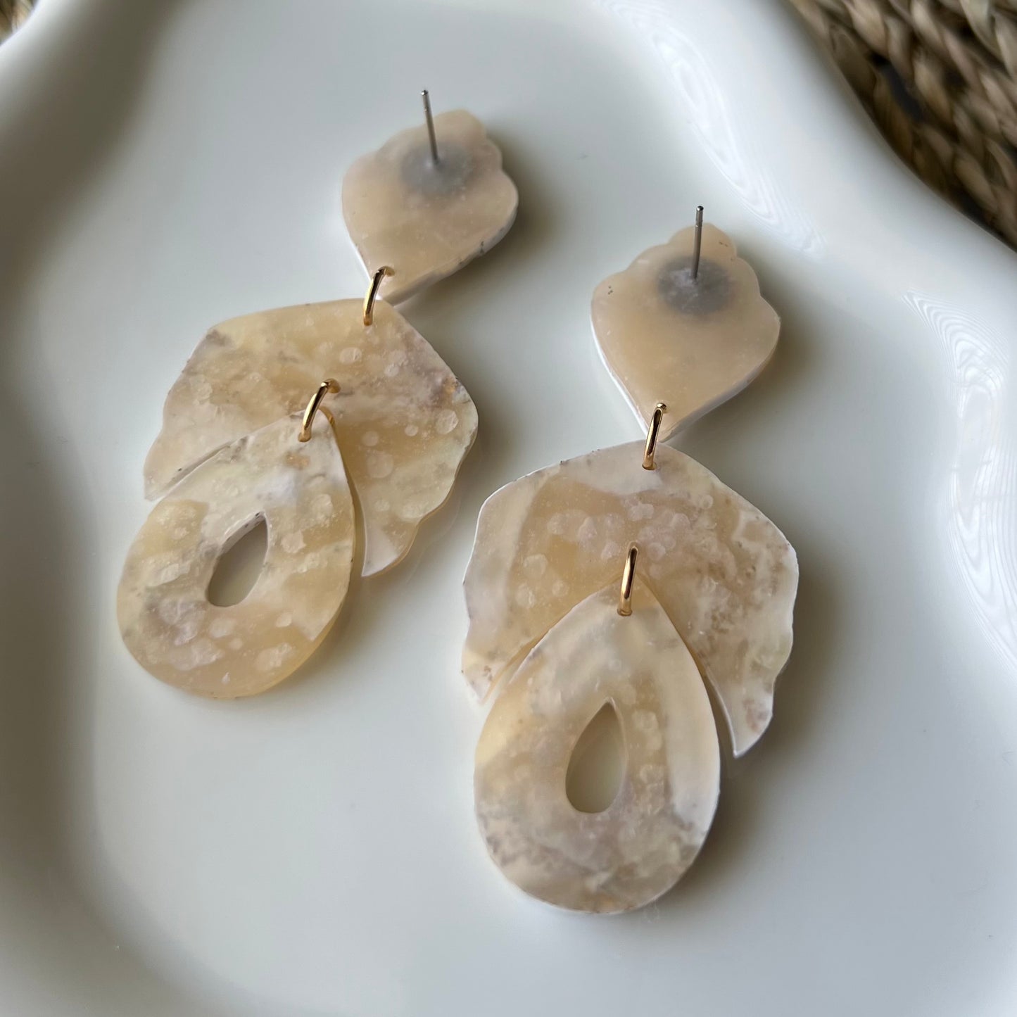 Ivory Marbled Polymer Clay Dangle Earrings