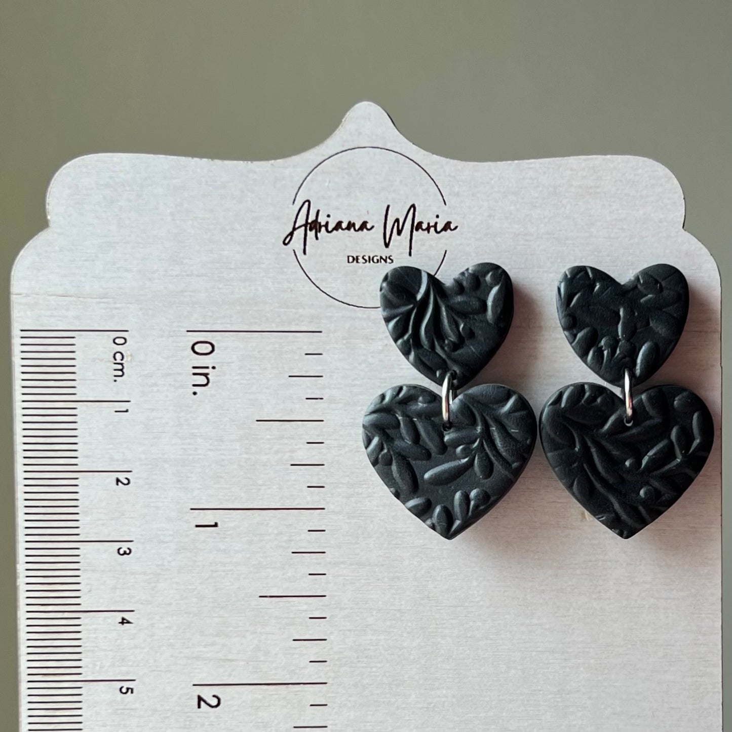 Black Floral Textured Heart Polymer Clay Dangle Earrings
