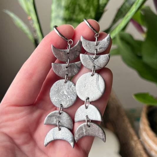 Silver & Metallic Moon Phase Polymer Clay Earrings, Huggie Hoops