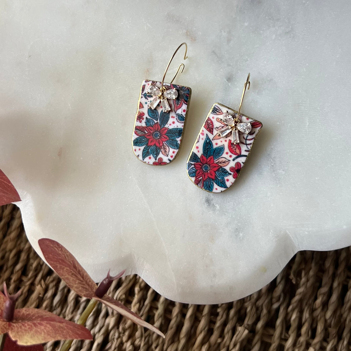 Festive Poinsettia Print Polymer Clay Earrings with CZ Bow Accent