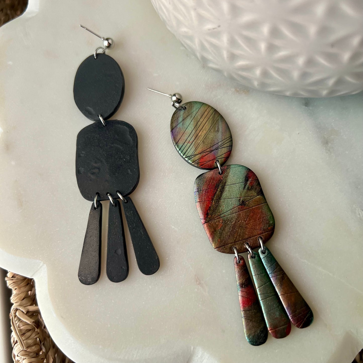 Mystic Alloy Statement Earrings, Lightweight Polymer Clay Dangles