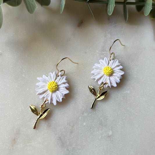 Spring White Daisy Flower Polymer Clay Earrings with gold stem, lightweight dangles