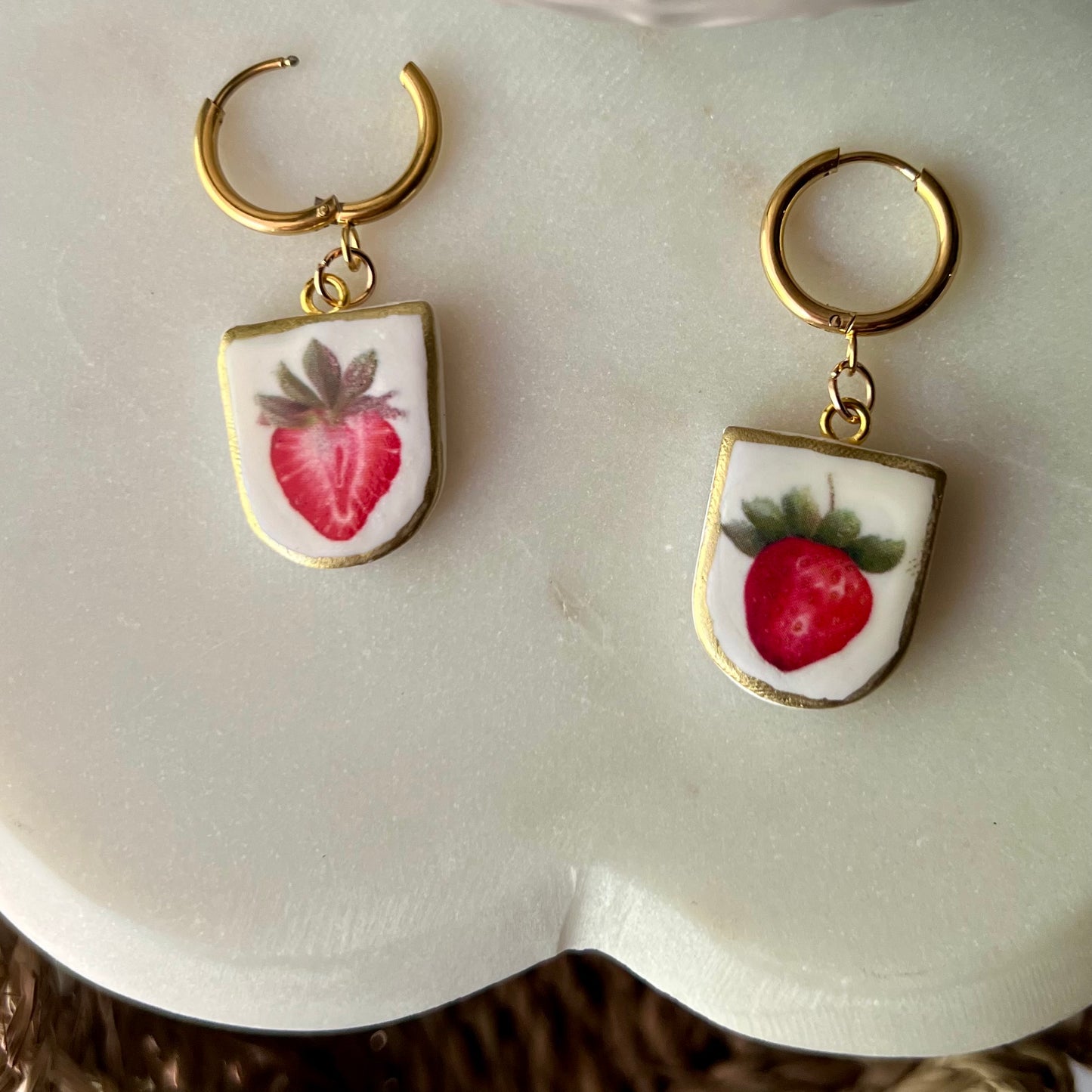 Strawberry Print Charm Polymer Clay Earrings, Huggie Hoops