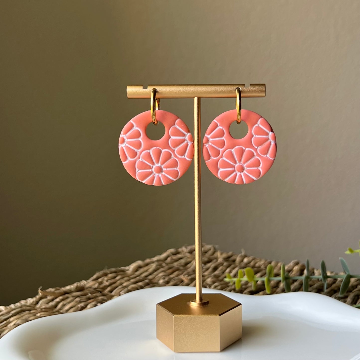 Coral Painted Petals Polymer Clay Huggie Hoop Earrings