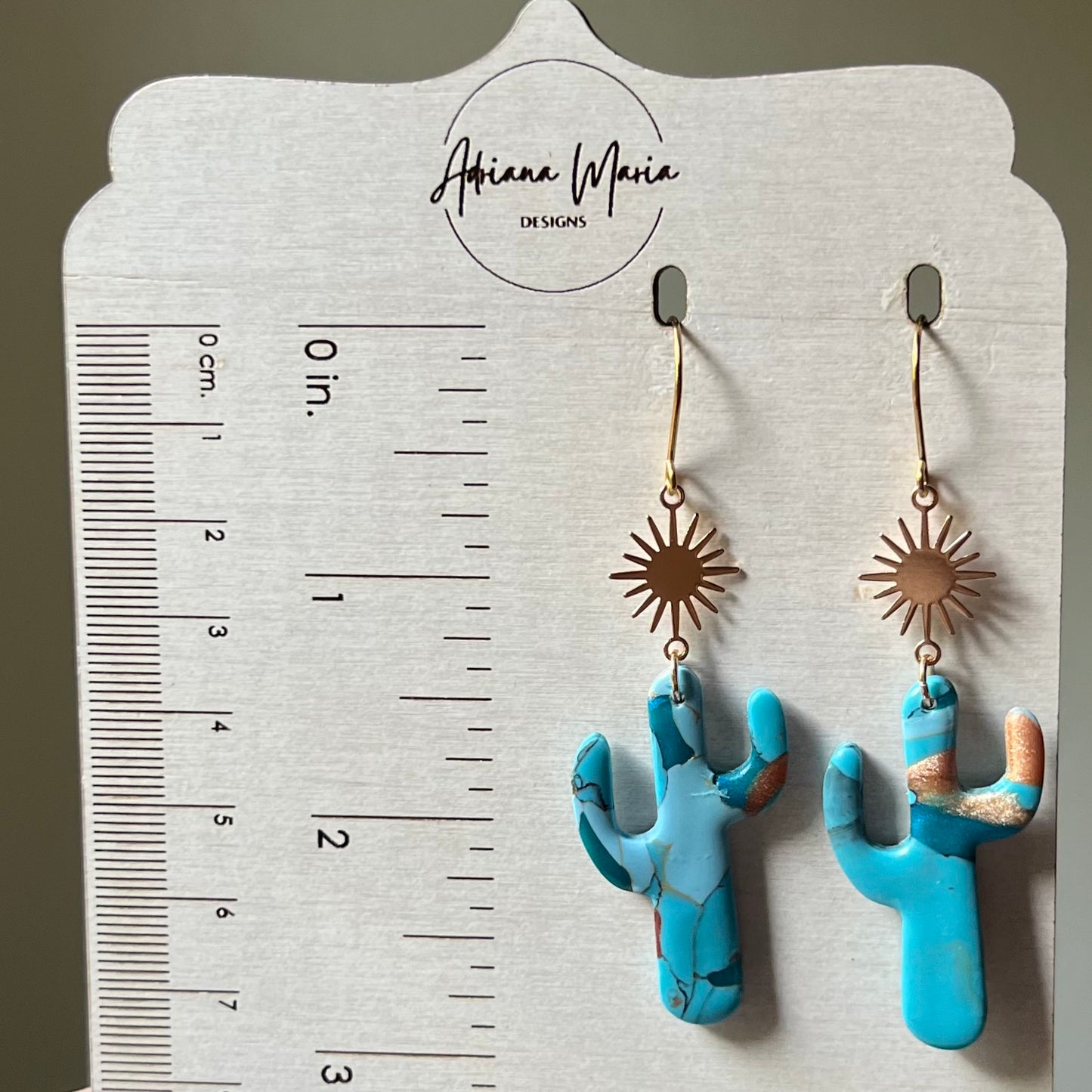 Cactus Turquoise Stone inspired Polymer Clay Earrings with brass sunburst, lightweight dangles, western style