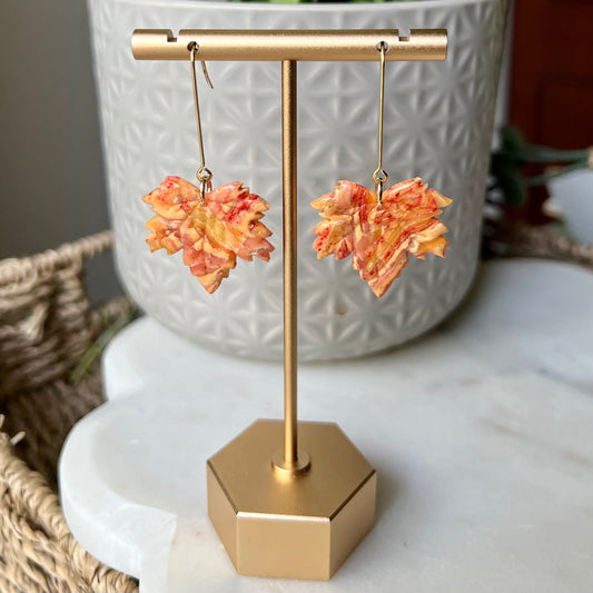 Golden Ember Maple Leaf Polymer Clay Dangle Earrings