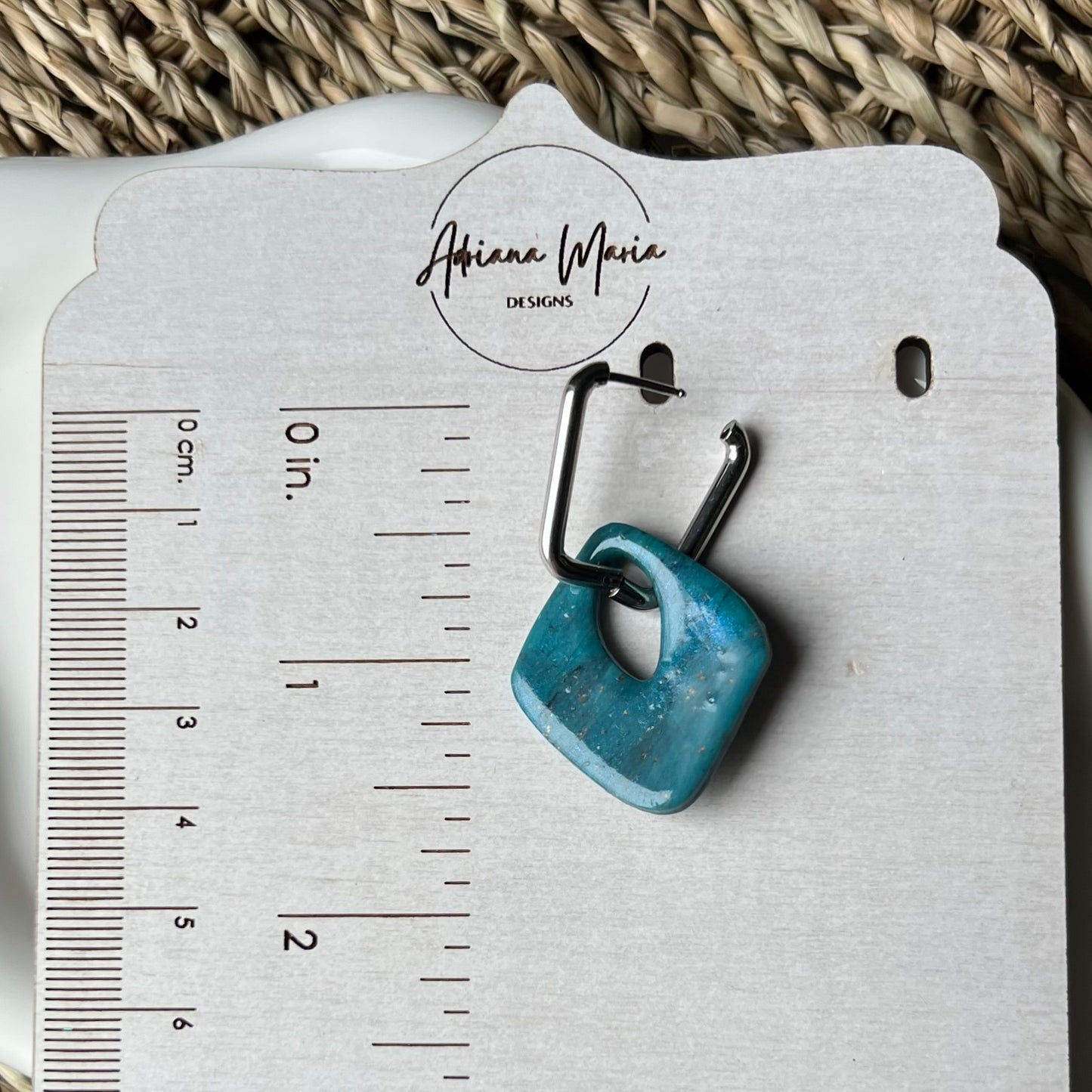 Turquoise Polymer Clay Square Huggie Hoop Earrings