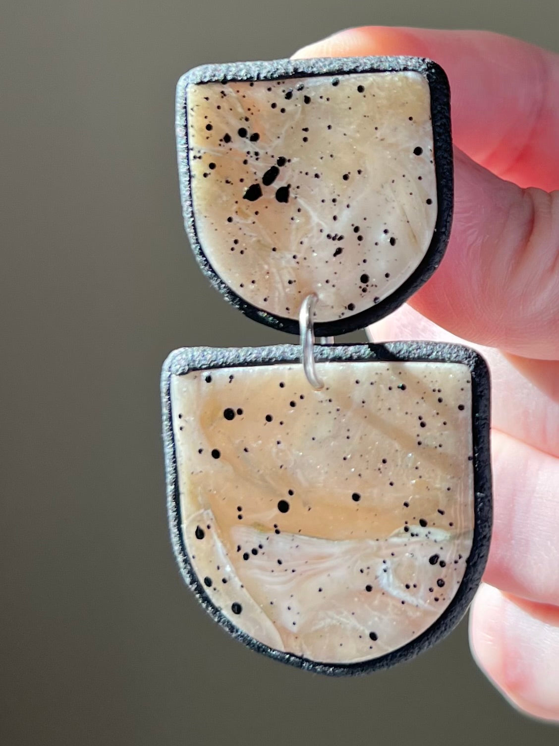 Neutral Marbled Organic Stone Polymer Clay Earrings – Black Speckled Lightweight Statement Dangles