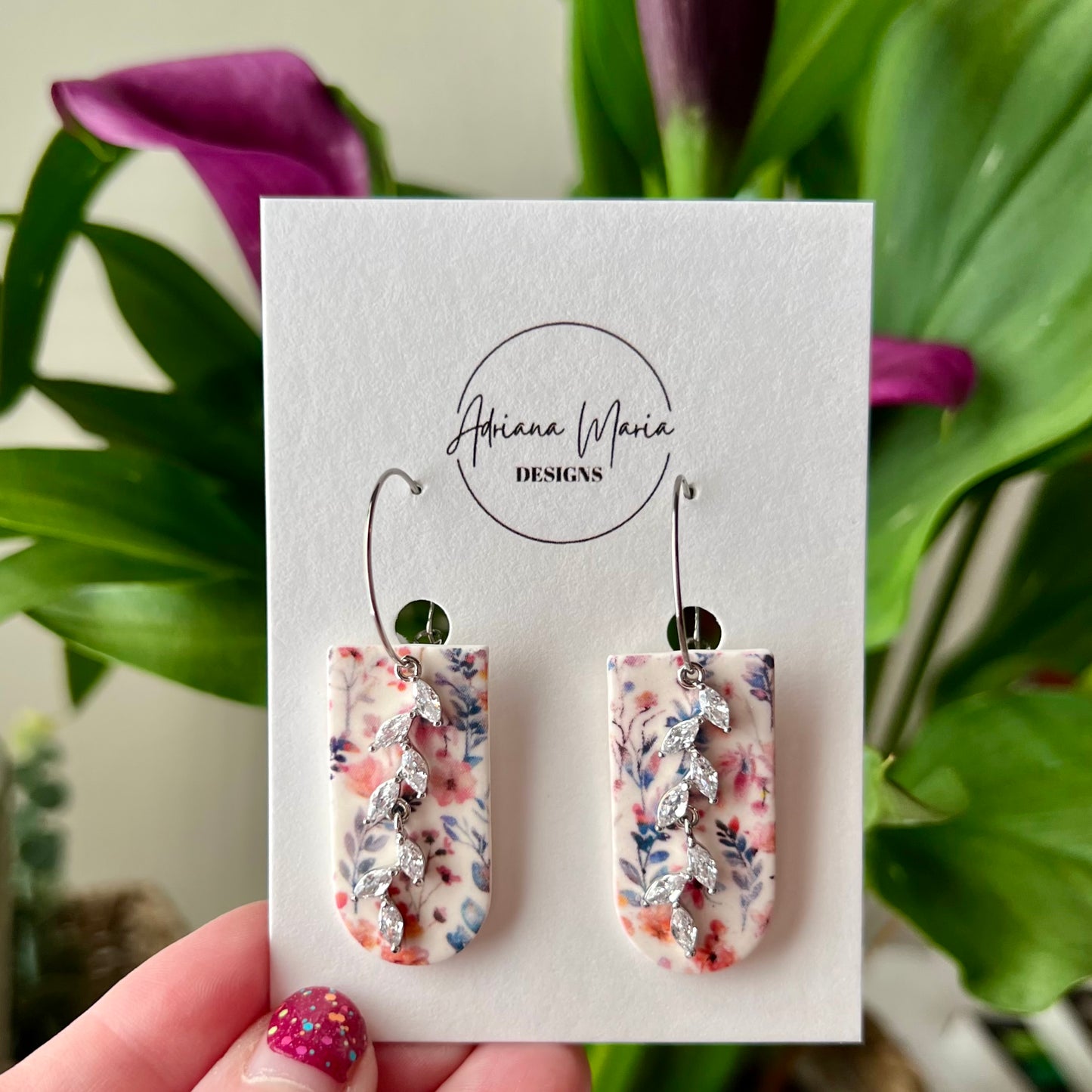 Wildflower Bloom Arch Polymer Clay Earrings with Cubic Zirconia Vine | Silver