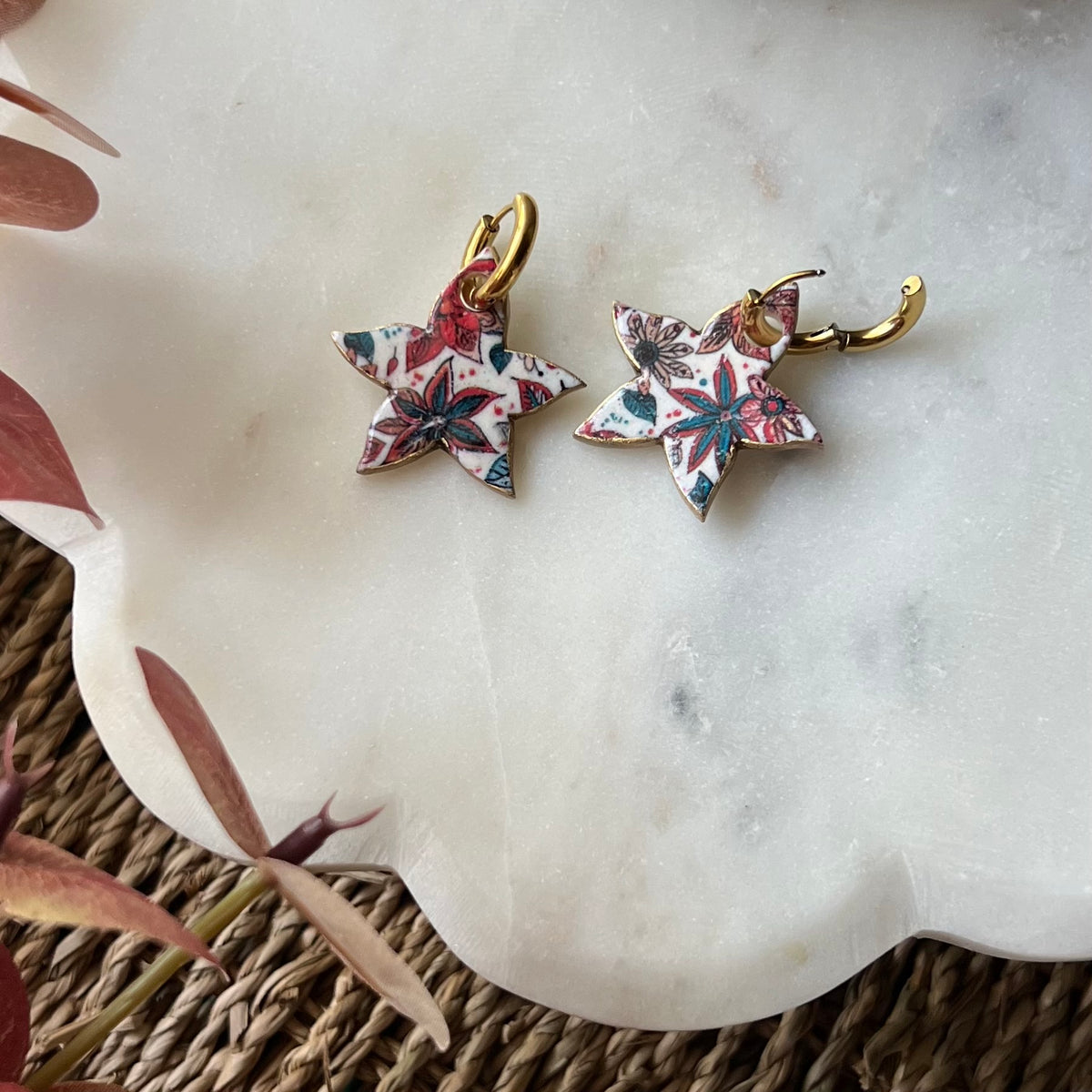 Festive Poinsettia Polymer Clay Earrings with stainless steel huggie hoops