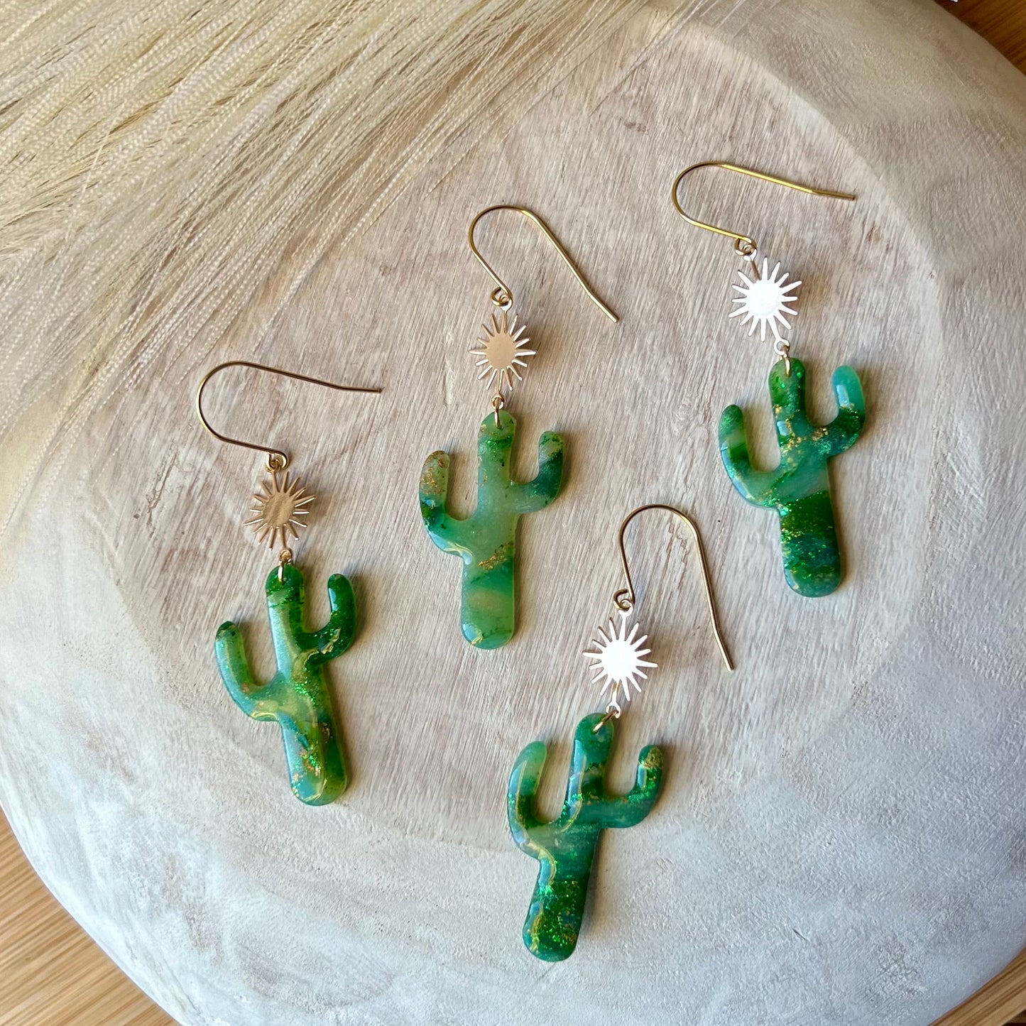 Green Marbled Cactus Sunburst Polymer Clay Earrings