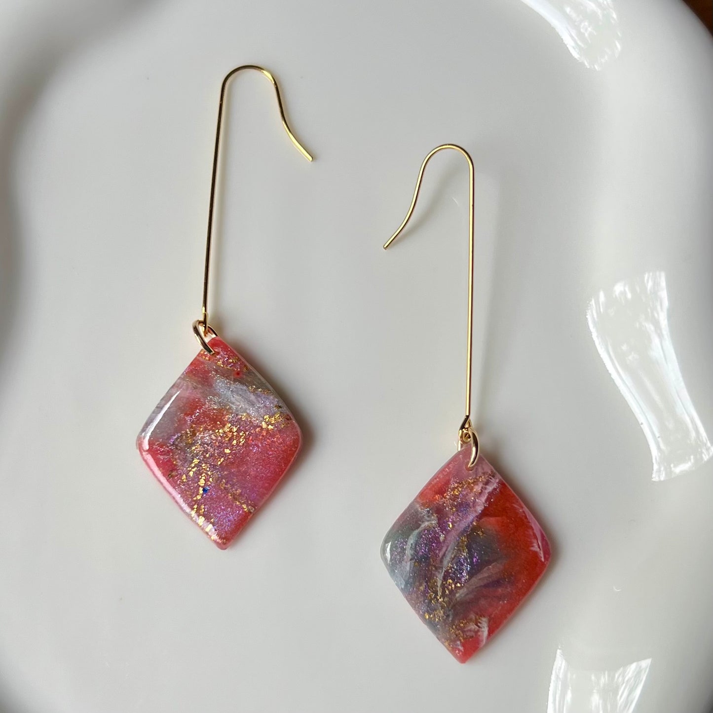 Polymer Clay Earrings - Rosso Marbled Lightweight Dangles