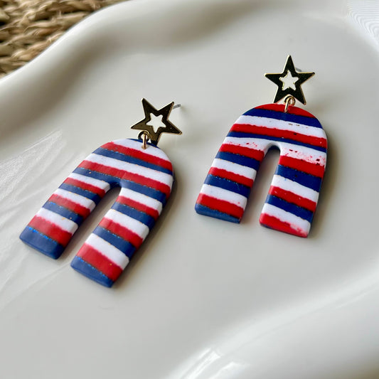 Red, Blue, and White Striped Arches Polymer Clay Dangle Earrings