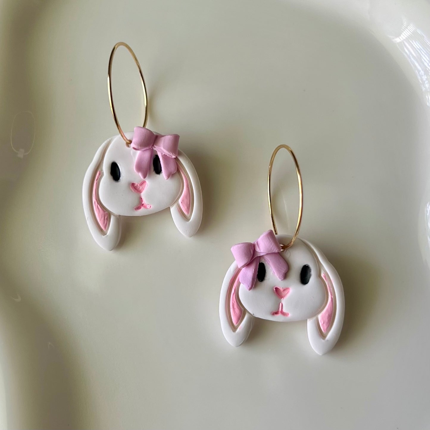 Sweet Bunny Rabbit with Bow Polymer Clay Hoop Earrings