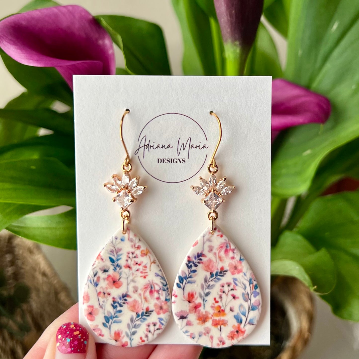 Wildflower Bloom Polymer Clay Statement Dangle Earrings with Cubic Zirconia | Gold